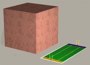 Giant cube of money compared to size of football field